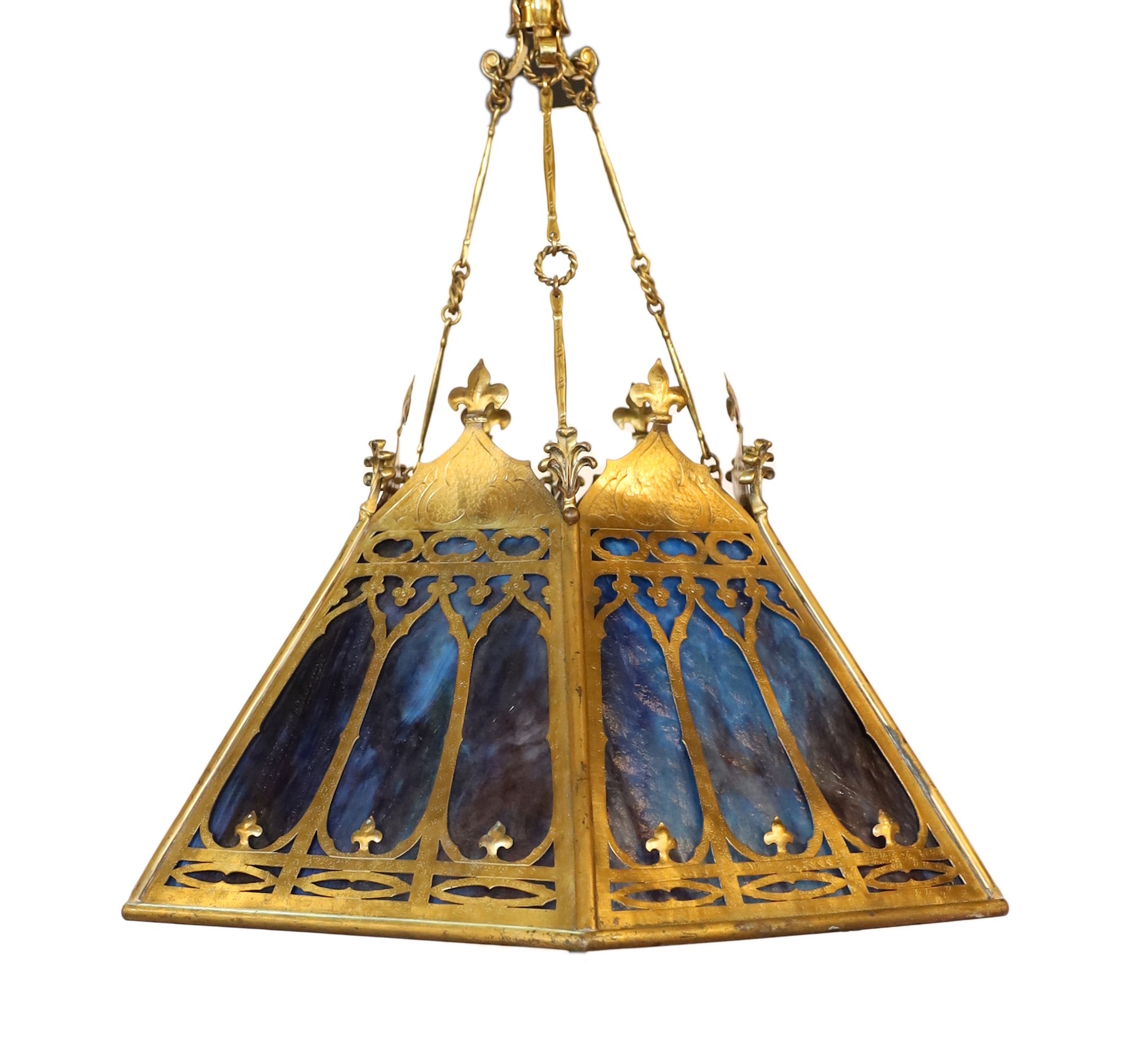 A 19th century Scottish Gothic hexagonal brass and marbled glass light fitting, drop 70cm. width 63cm